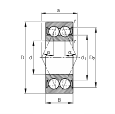 角接觸球軸承 3802-B-2RSR-TVH, 雙列，雙側(cè)唇密封，接觸角 α = 25°