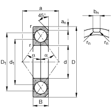 四點(diǎn)接觸球軸承 QJ334-N2-MPA, 根據(jù) DIN 628-4 的主要尺寸， 可以拆卸，剖分內(nèi)圈，帶兩個(gè)止動(dòng)槽