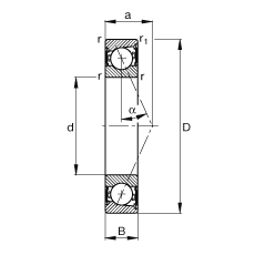 主軸軸承 B7001-E-2RSD-T-P4S, 調(diào)節(jié)，成對(duì)安裝，接觸角 α = 25°，兩側(cè)唇密封，非接觸，限制公差