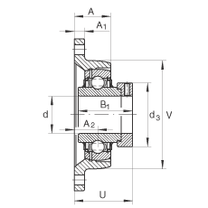 軸承座單元 LCJT35-N, 帶兩個(gè)螺栓孔的法蘭的軸承座單元，鑄鐵， 偏心鎖圈， L型密封，適合溫度從 -40°C 到 +180°C