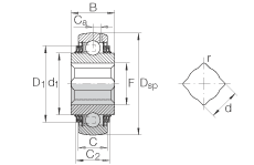 外球面球軸承 VK100-208-KTT-B-AH10, 球面外圈，帶方孔內(nèi)圈，兩側(cè) T 型密封