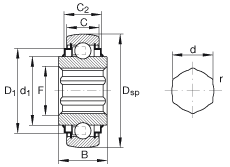 外球面球軸承 SK100-206-KRR-B-AH11, 球面外圈，內(nèi)圈帶六角形孔，兩側(cè) R 型密封