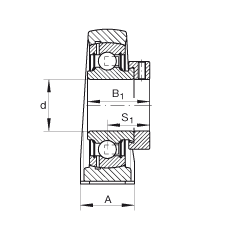 直立式軸承座單元 PAK45, 鑄鐵軸承座，外球面球軸承，根據(jù) ABMA 15 - 1991, ABMA 14 - 1991, ISO3228 帶有偏心緊定環(huán)